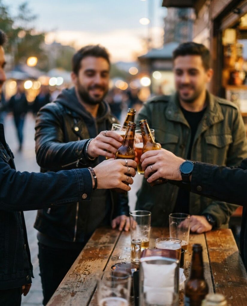Gäste stoßen mit Bierflaschen an einem Holztisch im Abendlicht an
