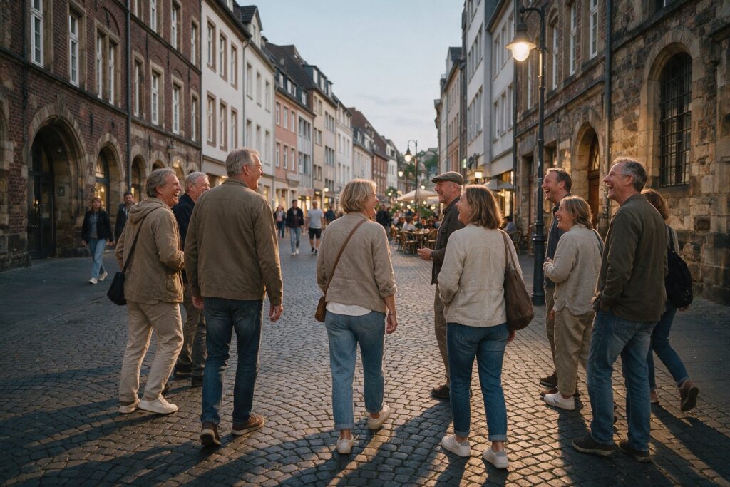 Gruppe von Gästen bei einer Stadtführung durch die Dortmunder Innenstadt am Abend