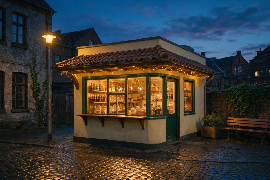 Beleuchtete Trinkhalle in Dortmund in der Abenddämmerung