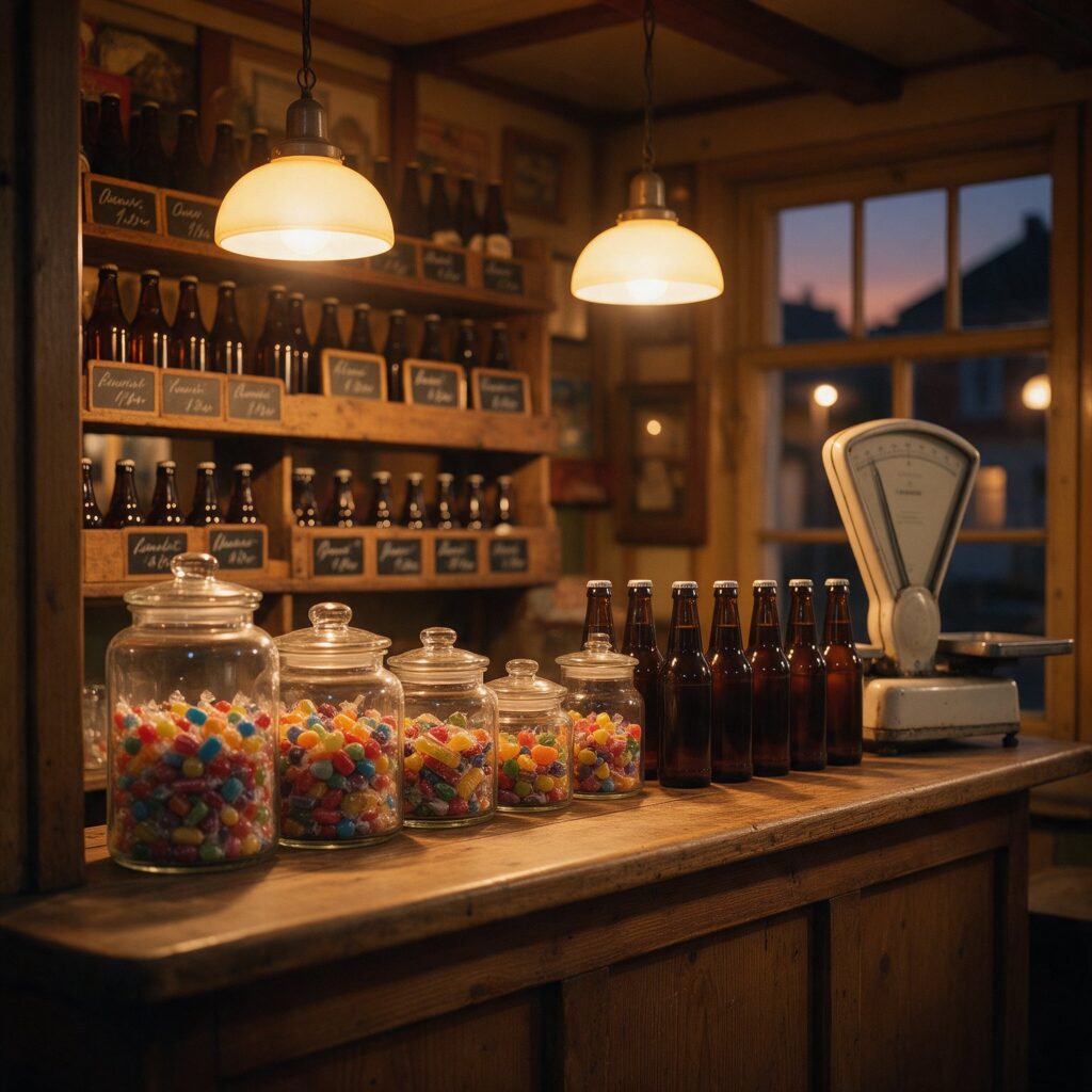 Tresen einer Trinkhalle mit Bonbongläsern und Bierflaschen im warmen Lampenlicht