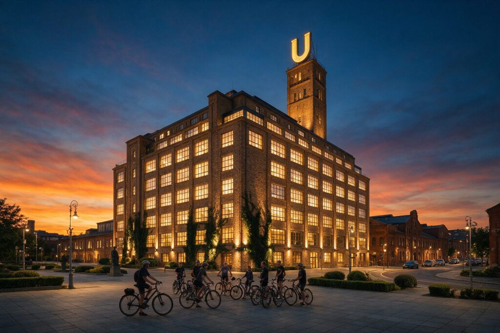 Hochhaus mit großem goldenem U auf dem Dach in der Abenddämmerung