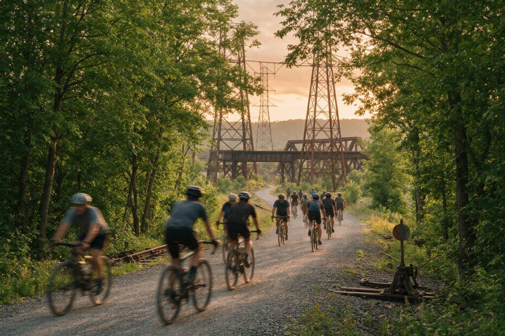 Radfahrer auf einer ehemaligen Bahntrasse vor Industriebauten