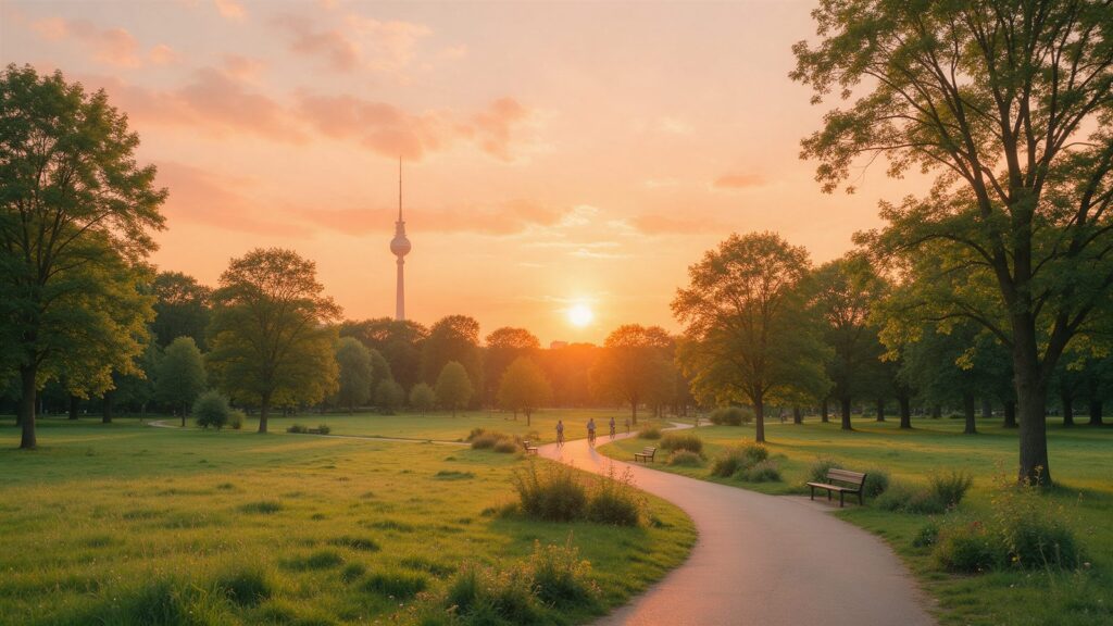 Grüner Park mit Fernsehturm im Sonnenuntergang
