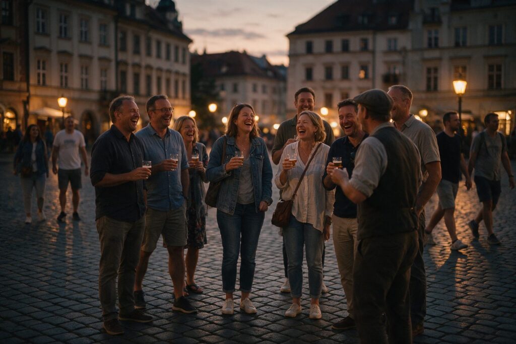 Gäste mit kleinen Biergläsern bei einer Stadtführung auf einem Altstadtplatz