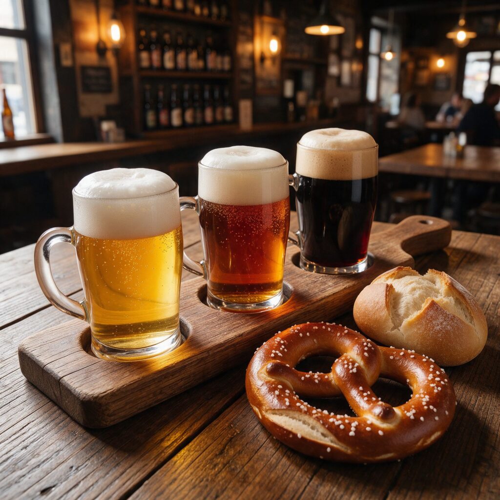 Drei kleine Biergläser mit Brezel und Brötchen auf einem Holztisch