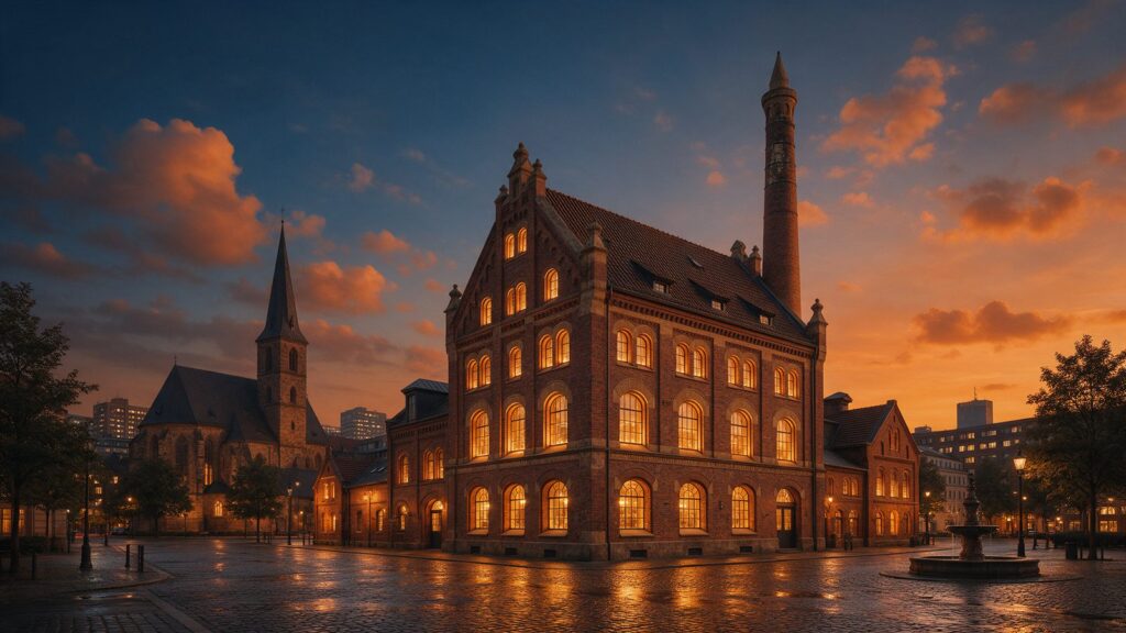 Historisches Brauereigebäude aus rotem Backstein in der Abenddämmerung