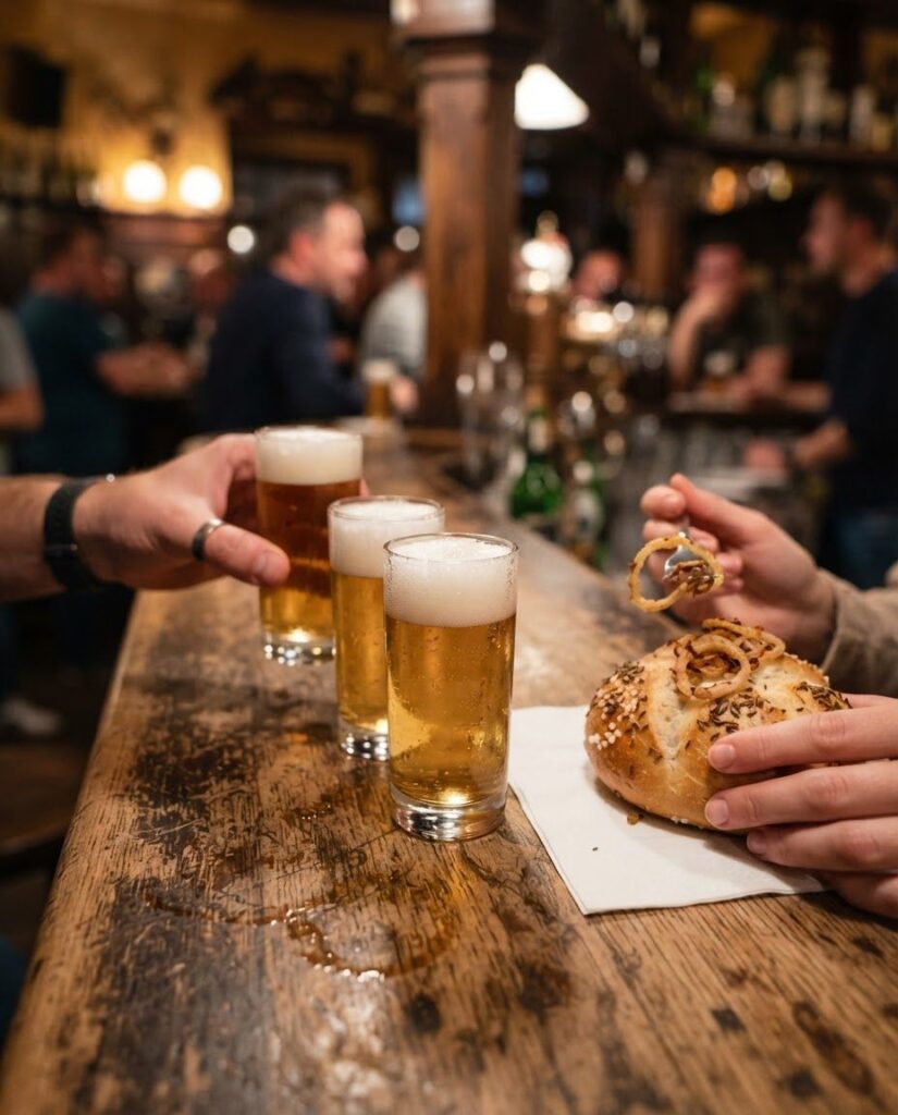 Drei kleine Biergläser mit Schaum neben einem Salzkuchen auf einem Holztresen
