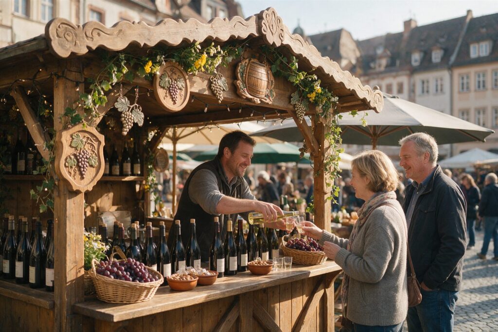 Weinstand auf einem Wochenmarkt, an dem Wein ausgeschenkt wird