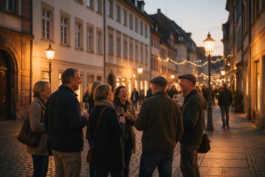 Gäste mit Weingläsern bei einer Stadtführung durch die Dortmunder Innenstadt am Abend