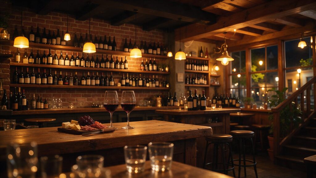 Gemütliche Weinbar mit Holztresen und Weinflaschen am Abend